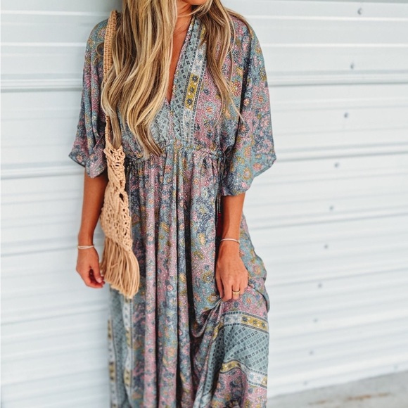 Boho Floral Maxi Dress in Dusty Blue & Pink - Picture 2 of 6